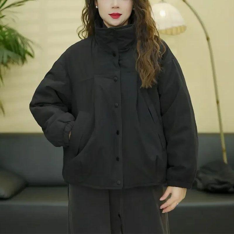 Women’s Winter Solid Color Thickened Warm Cotton Jacket Casual Loose Slimming Versatile Short Basic Outerwear for Daily Wear