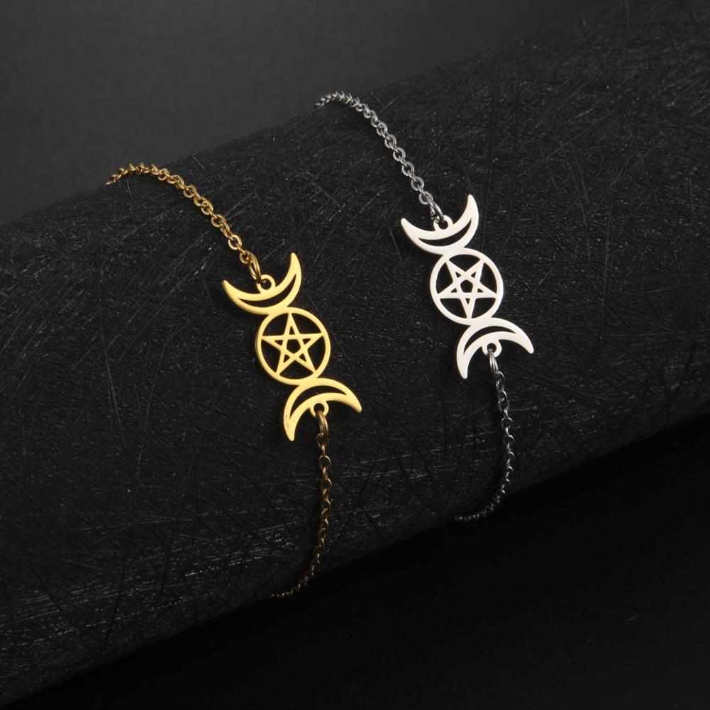 Teamer Stainless Steel Bracelet for Women Goddess Charms Pentagram Moon Wicca Jewelry Magic Pendant Pentacle Witch Amulet Gifts