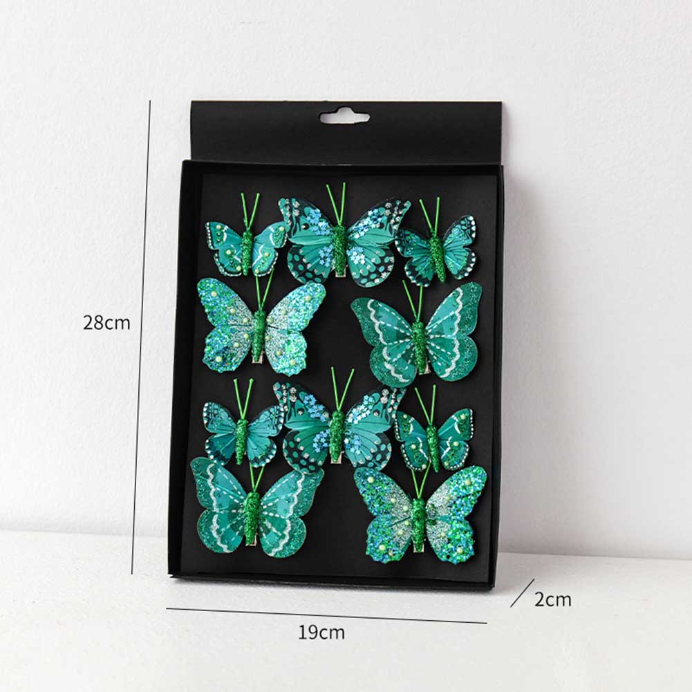 Sada 10 vánočních umělých motýlích dekorací s klipy, ručně vyráběných pro věnce, stromy a girlandy, lehký plast