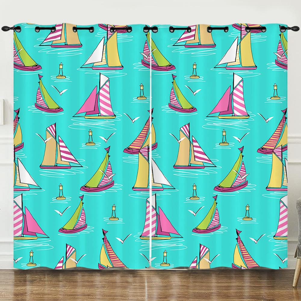 Curtains Cartoon Sailing Digital Printing Blackout Curtains Bedroom No Punching