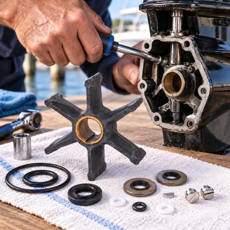 Neoprene Outboard Motor Water Pump Impeller with Keyed Brass Sleeve, Six Radially Arranged Blades and Reference Numbers 379475 and 777130