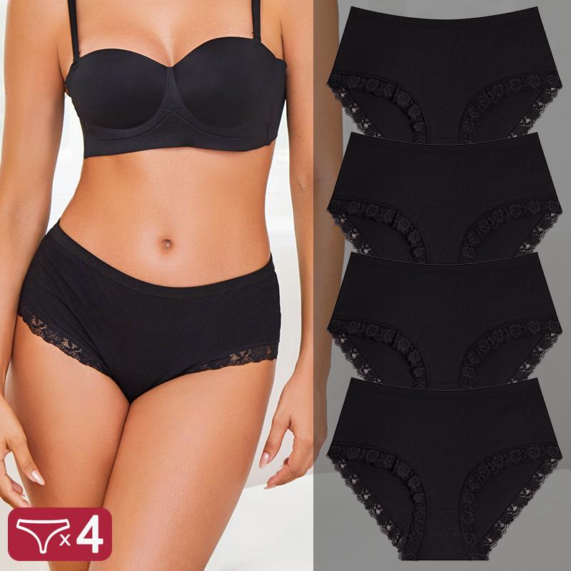 FINETOO 4Pcs/Set Ladies Mid Rise Underwear Cotton Ribbed Panties Floral Lace Edge Underpants Breathable Soft Women Briefs Multi‑color