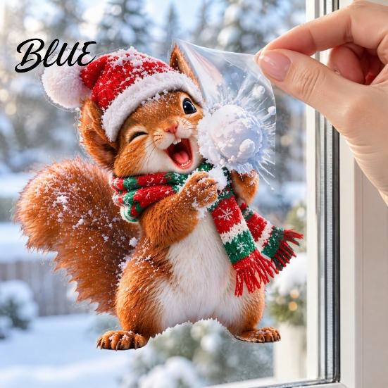 Christmas Party Supplies Squirrel Window Cling with Santa Hat and Scarf Design Cute Snowball Static Winter Wonderland Decor Glass Sticker Removable