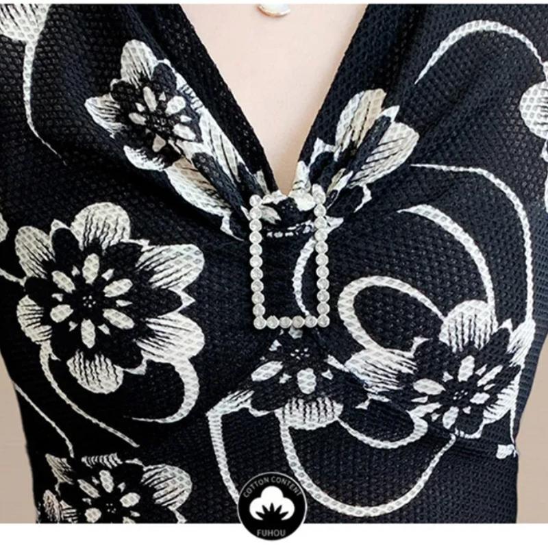 Summer Off Shoulder Women's Print Flower T-Shirt Sexy V-Neck Hot Diamonds Tops Chic Short Sleeve Fashion Blouse