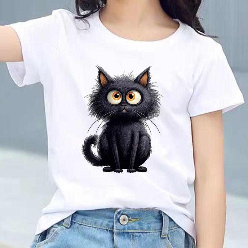 Cute Black Cat Graphic Tee Kids 100 Cotton Crew Neck Casual Breathable T Shirt Short Sleeve Muticolor Tops For Sweet Girls Boys
