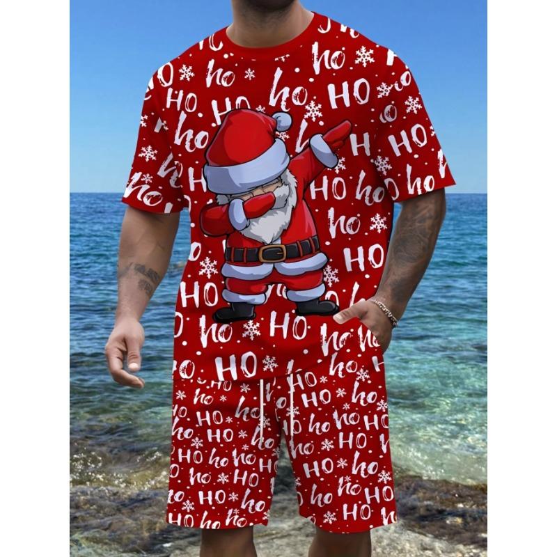1 set of 2 pieces new Santa Claus pattern printing men s casual and fashionable round neck suit, S