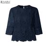 ZANZEA Women Casual Round Neck 3/4 Sleeve Loose Lace Patchwork Blouse