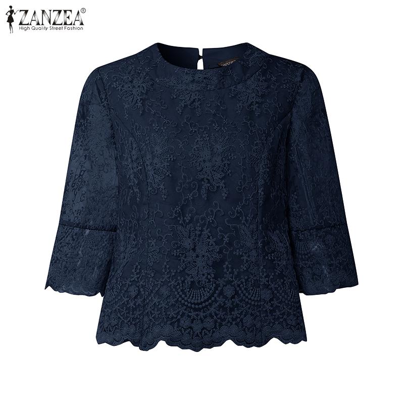 ZANZEA Women Casual Round Neck 3/4 Sleeve Loose Lace Patchwork Blouse