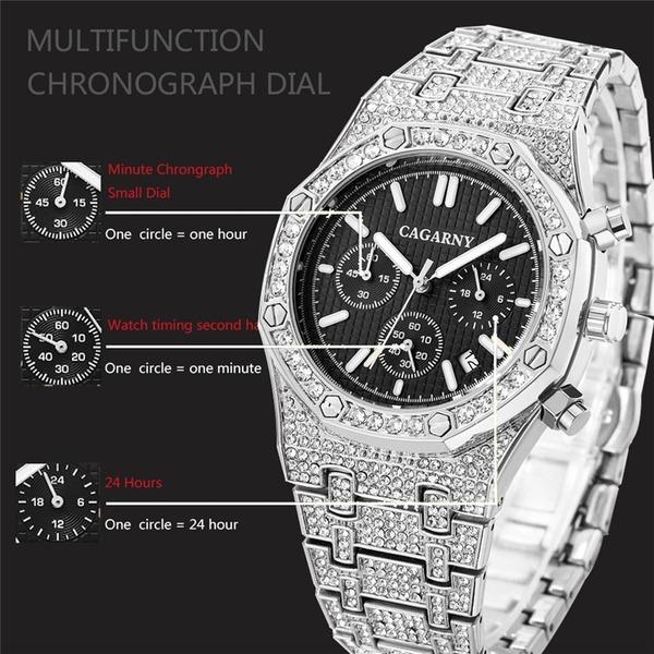 Voller Bling Diamant Uhr für Männer Hip Hop Iced Out Herren Uhren Luxus Quarz Uhr Mann Wasserdicht Chronograph Montre Homme