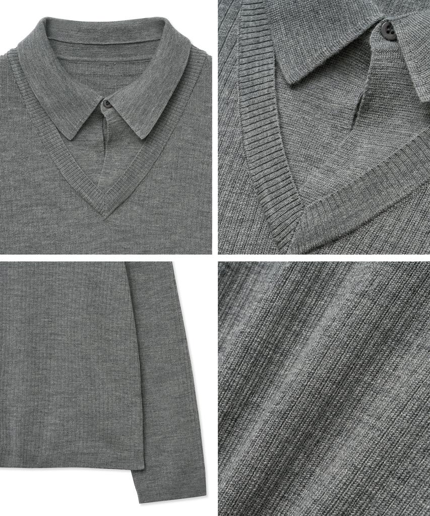 NOIRER Layered V-Neck Polo Knit (Gray)
