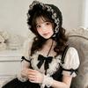 Gekräuselte Spitzenhaube mit Blumenstickerei und faltbarem Design für Cosplay, Anime-Maid und Theaterkostüm-Styling