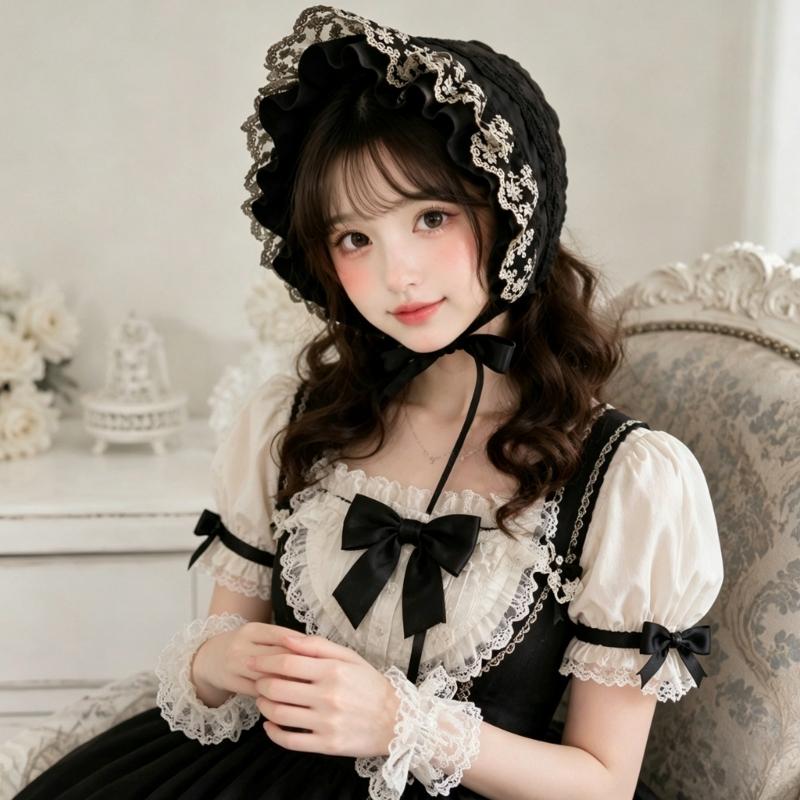 Gekräuselte Spitzenhaube mit Blumenstickerei und faltbarem Design für Cosplay, Anime-Maid und Theaterkostüm-Styling