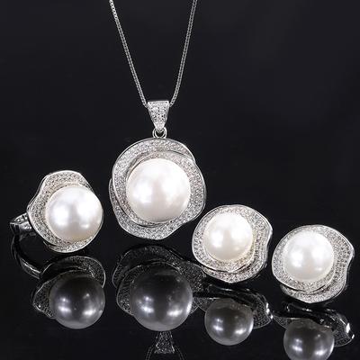 Gioielli Perle di Conchiglia Bianca Set Geometrico a Forma di Rosa Diamante Confezione Singola Anello Ciondolo Set di Orecchini