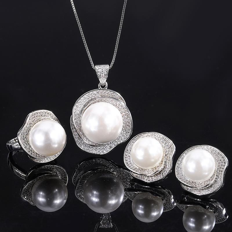 Jewelry White Shell Beads Rose Geometric Diamond Set Individual Packaging Ring Pendant Earrings Set