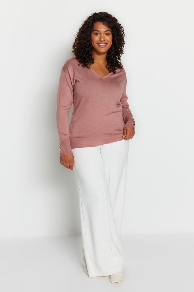 Damen Stil Übergröße Altrosa V-Ausschnitt Strickware Pullover mit Knopfdetails