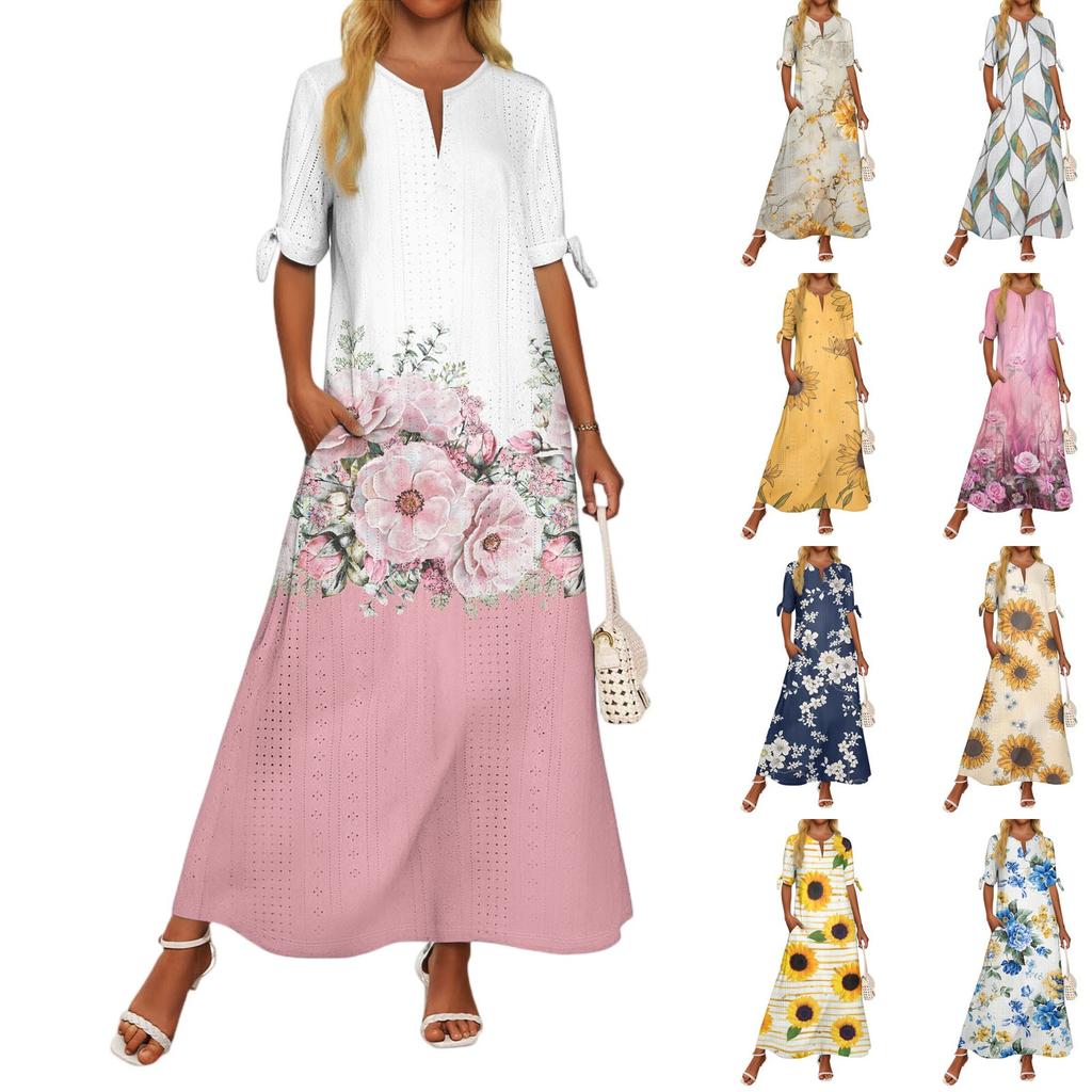 Ladies Casual Fashion Temperament Elegant Waist Patchwork Floral Print Long Dress