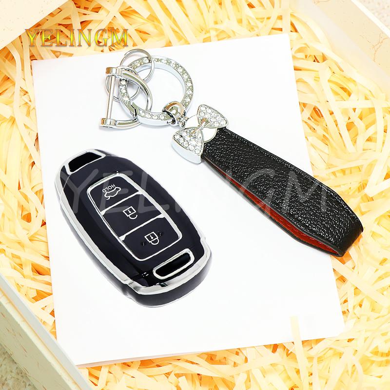For Hyundai Kona Encino Solaris Azera Grandeur Ig Accent I30 Ix35 Santa Fe Palisade 3/4/5 Button Tpu Car Key Case Cover Keychain
