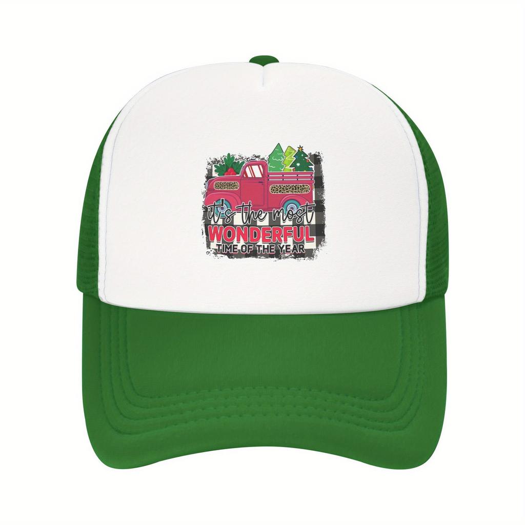 Wonderful Time of Year Christmas Trucker Hat Festive Red Truck Mesh Baseball Cap Breathable Adult Snapback