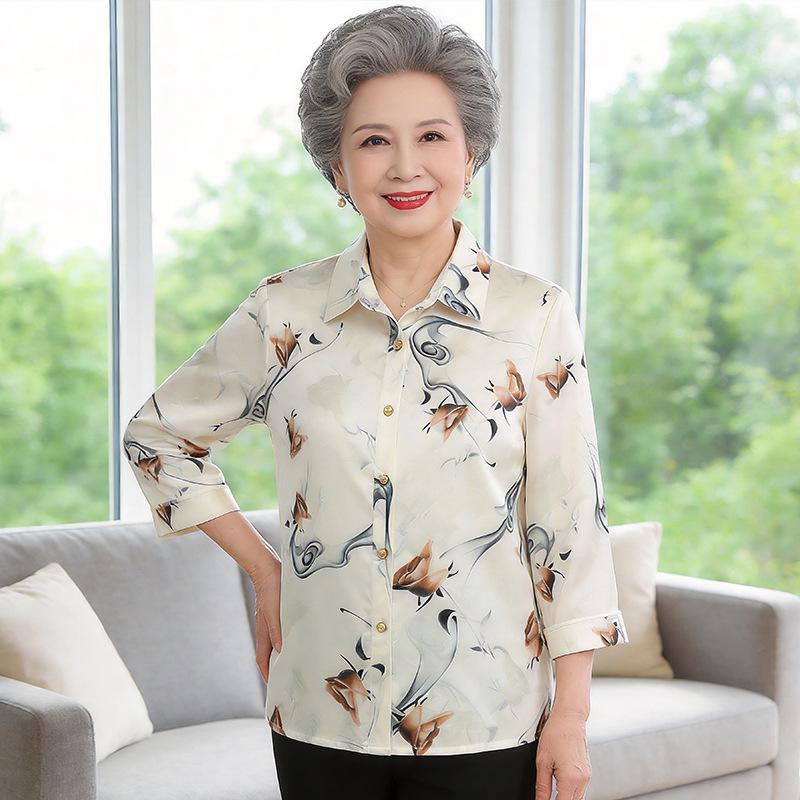 

Summer Mother s Faux Silk Printed Short Sleeve Shirt, New 2026 Spring/Summer Style for Middle-Aged & Elderly, Plus Size, 3/4 Sleeve Top 4XL светло-зеленый