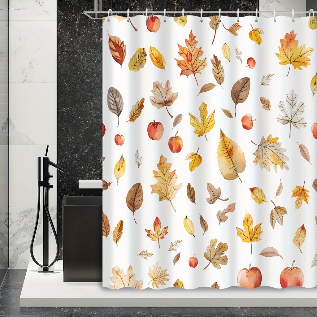 Autumn Maple Leaves Shower Curtain - Cartoon Plant Illustration, 12 Hooks, Decorative Printed, Includes Bath Accessories