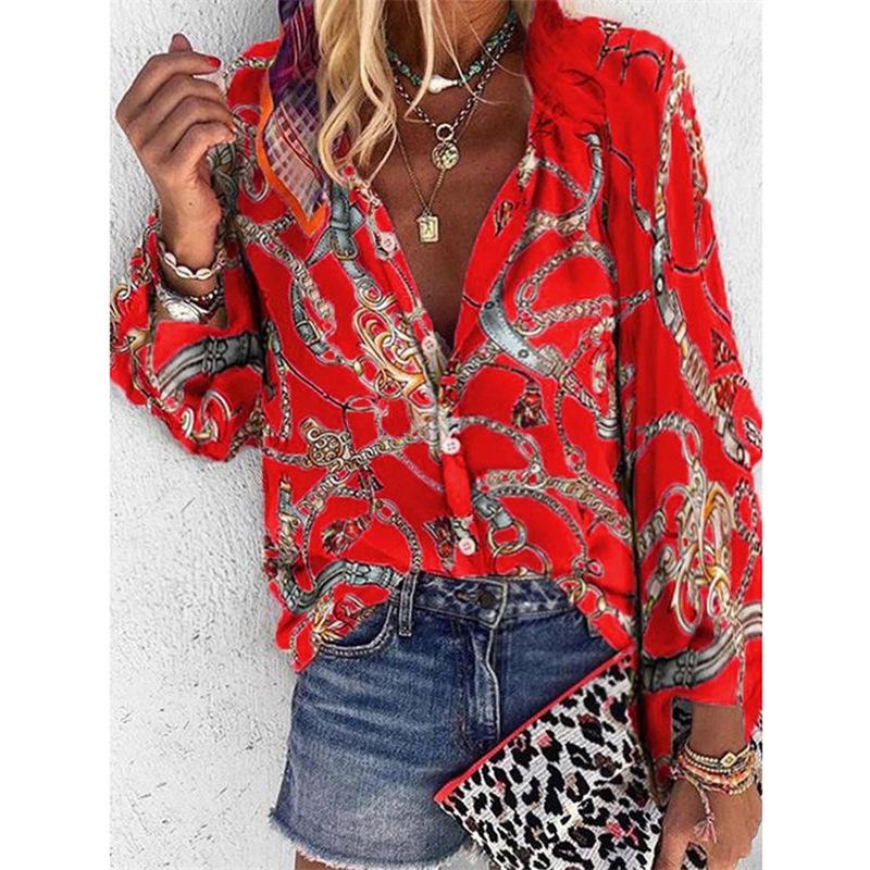 Women's Autumn/Winter Multi-Color Chain Print Stand Collar Long Sleeve Shirt