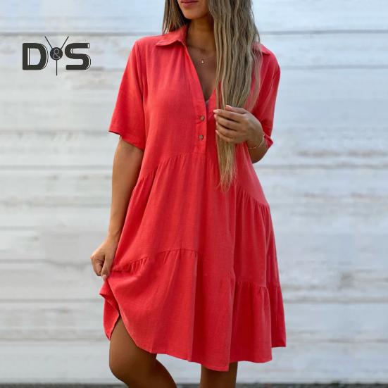 Summer Midi Dress V Neck Patchwork Hem Loose A-line Short Sleeves Pleated Solid Color Knee Length Dress for Beach Dating Parties
