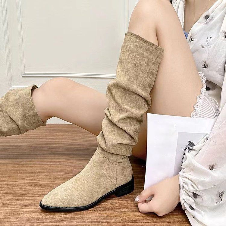 Thick heel retro knight boots but knee long boots pleated pile boots women's tall knight boots new