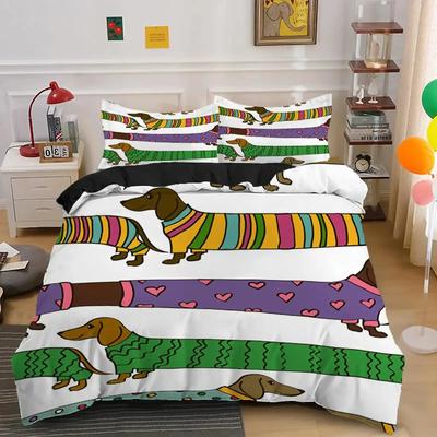 Dackel-Bettbezug-Set, Cartoon-Stil, Dackel, King-Size-Bettwäsche-Set für Hundeliebhaber, Jungen und Teenager, 2/3-teilig, Twin-Bettbezug