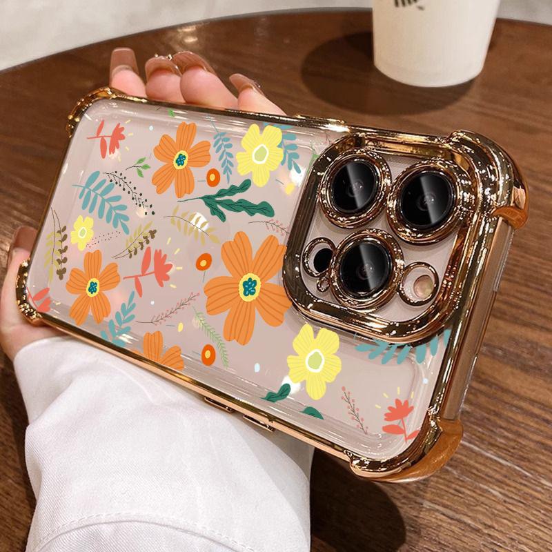 Case For iPhone 14 13 Pro Max 6 7 8 Plus 17 Air X XR XS Max Plating Violet Flowers Shockproof Transparent Soft Cover