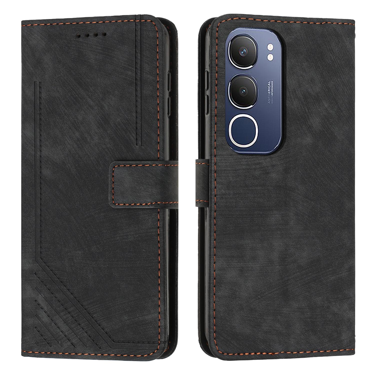 

For vivo Y19s 4G Case Imprinted Lines Leather Phone Cover Folding Stand A