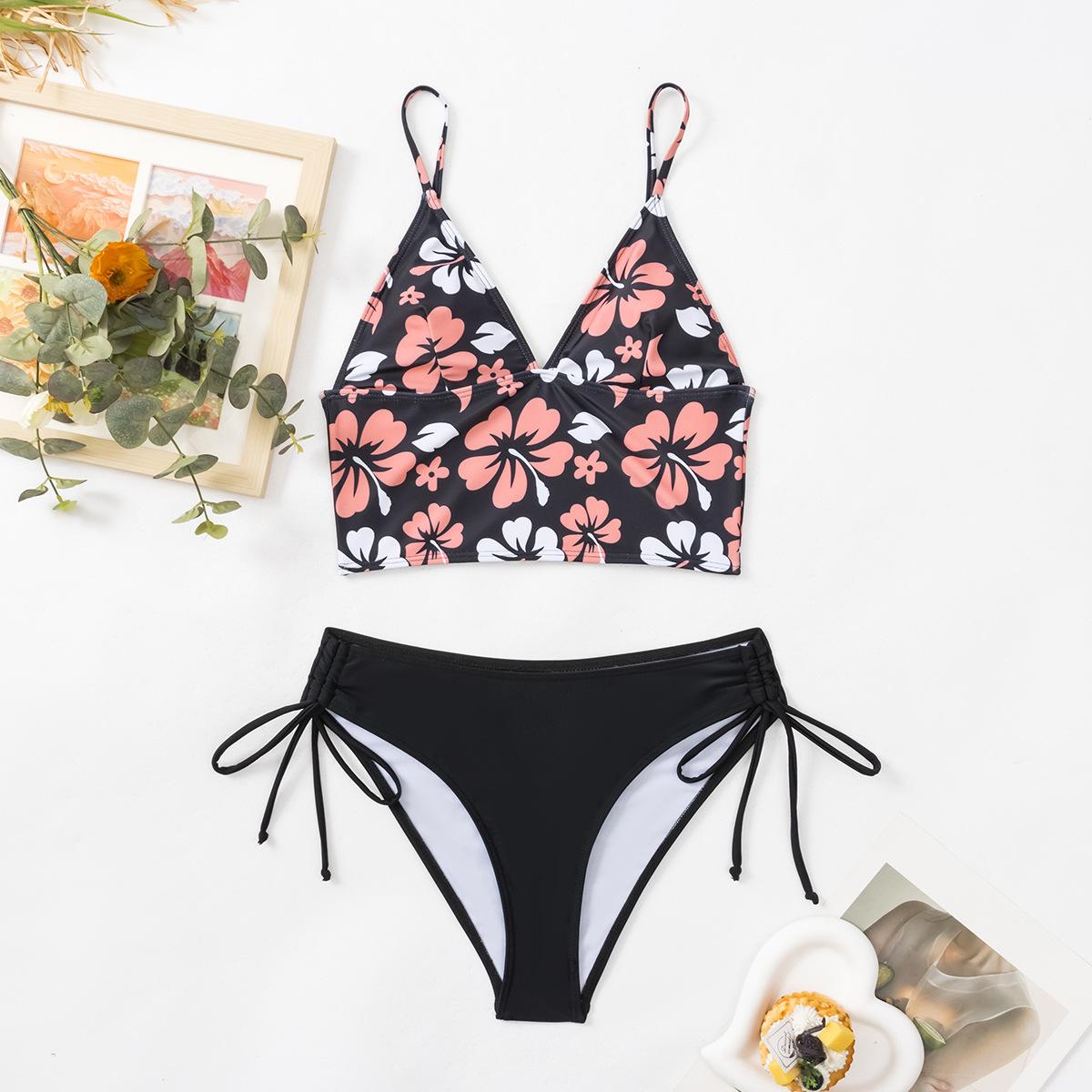 

Женский купальник с сексуальным принтом, бикини с бретелькой на шее и завязками по бокам, купальник с высокой талией, пляжная одежда S чёрный