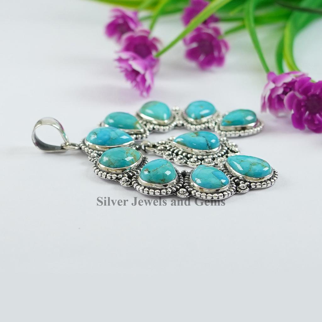 Natural Turquoise Horse Shoe Pendant, 925 Sterling Silver Cluster Pendant, Kingman Turquoise Multi Stone Pendant, Wedding Pendant