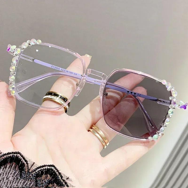 Trendy Luxury Diamond Style Photochromic Myopia Glasses Anti Blue Light Women'S Ultra Light Large Frame Style Diopter To -4.0