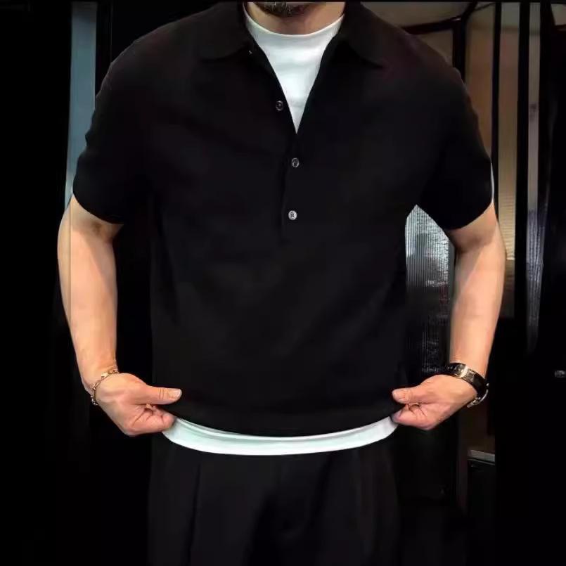 Solid Color Lapel Polo Shirt Men'S Simple Style Slim Fit High-End Short-Sleeved T-Knitted Top