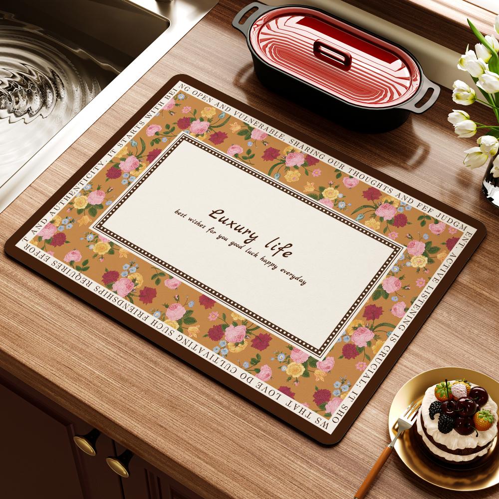 

Retro Floral Print Diatom Mud Pad Kitchen Drying Mat Dish Absorbent NonSlip Dry Pad Coffee Machine Tea Cup Mat Tableware Decor (as the picture,20x30cm)