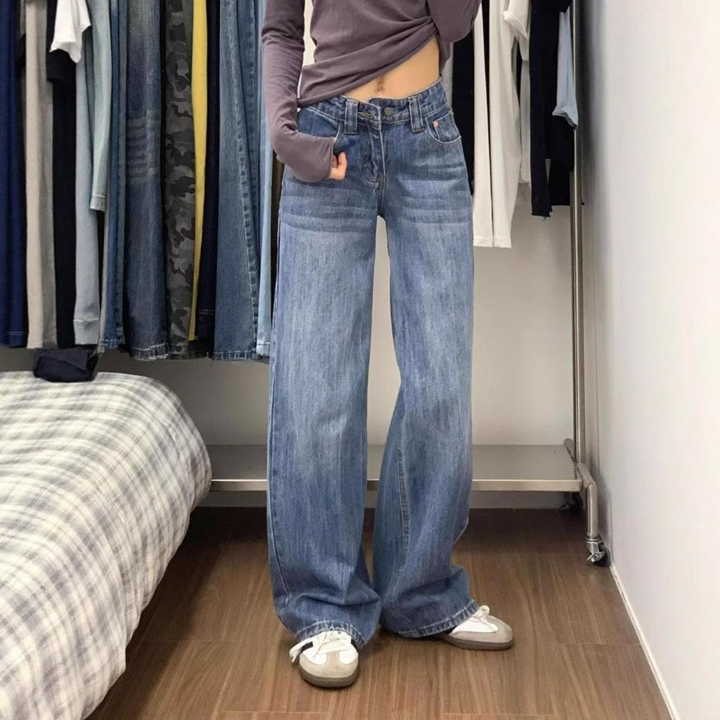 Rear Pockets Designed Big Size Denim Jeans Women Mid Waisted Covering Flesh Blue Loose Drag Floor Straight Wide-leg Trousers Long Denim Pants