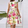 Women's Spring And Summer Casual V-Neck Sleeveless Waist Floral Print Midi Dress