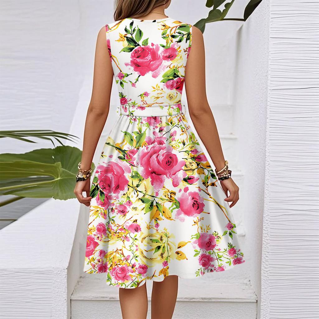 Women's Spring And Summer Casual V-Neck Sleeveless Waist Floral Print Midi Dress
