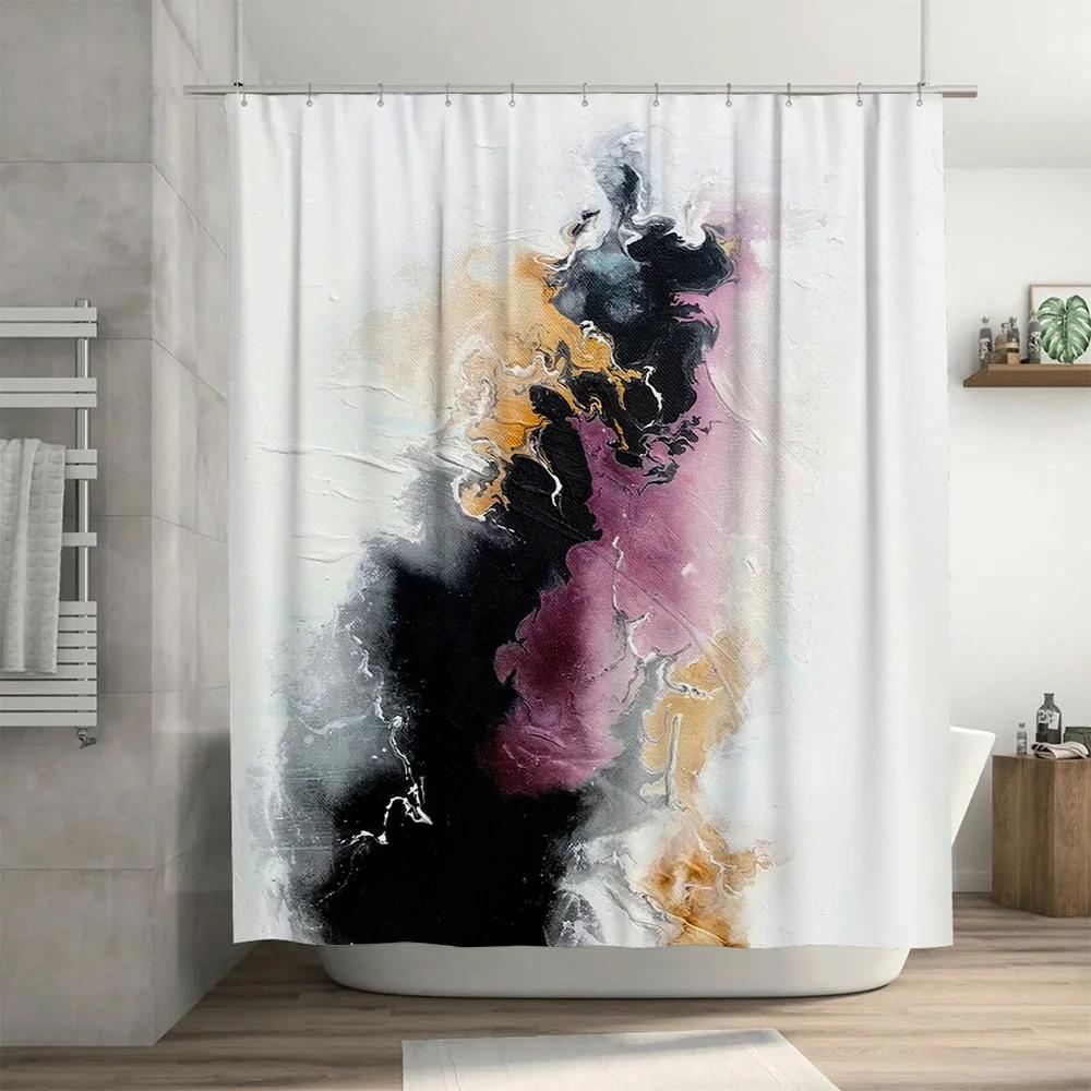 Modern Artistic Bathroom Shower Curtain with Black Gold Pink White Colorful Design Decorative Bath Mat Set for Home Decoration