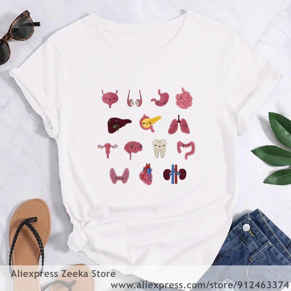 Zahn und Zahnarzt Grafik Ästhetik Frauen Lustige Print Damen T-shirt Mädchen Y2K Harajuku Basis O-kragen Weißes Hemd Kurze