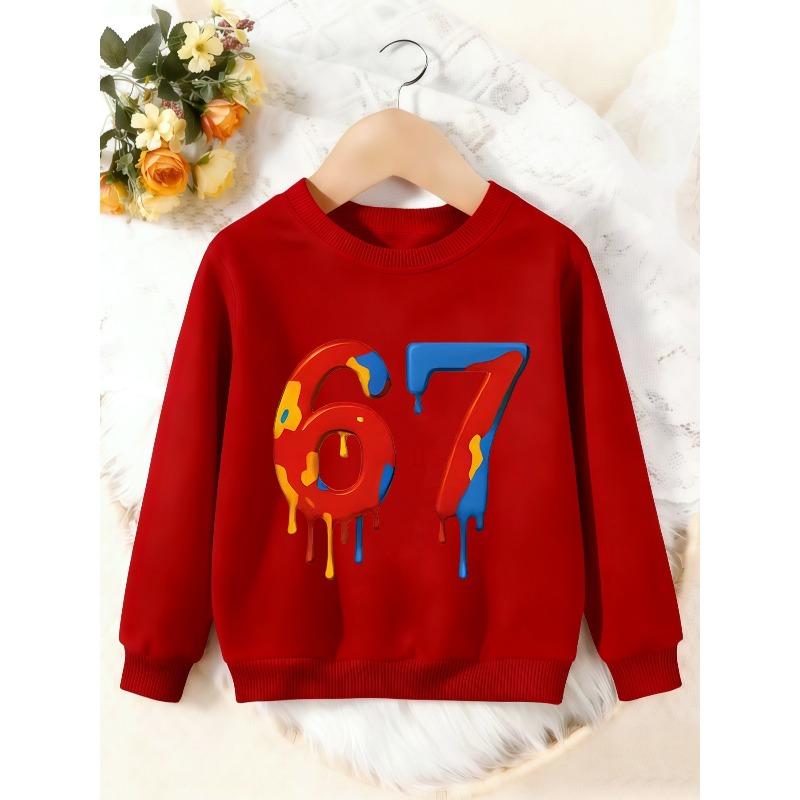 Unisex Kids Crewneck Sweatshirt, Color Drip 67 Number Graffiti Print Pullover, Boys Girls Streetwear Casual Sweatshirt For Kids Over 4 Years Old