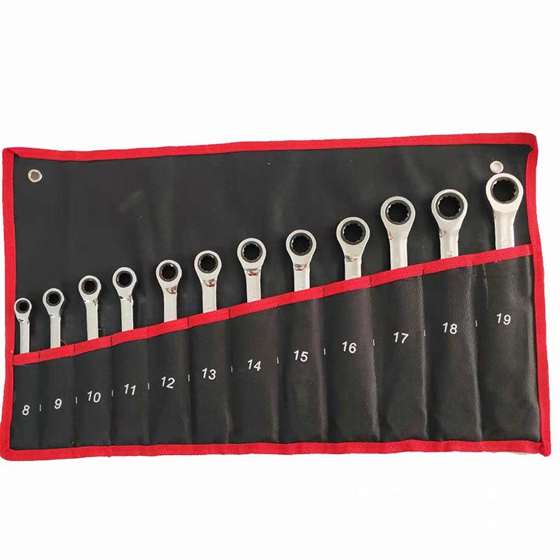 Adjustable Gear Ratchet Wrench Set with Canvas Hanging Bag