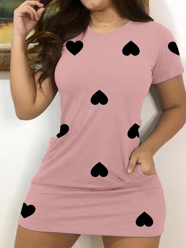 

Женское летнее сексуальное повседневное платье с принтом в виде сердца и короткими рукавами с круглым вырезом и юбкой на бедрах 2XL розовый