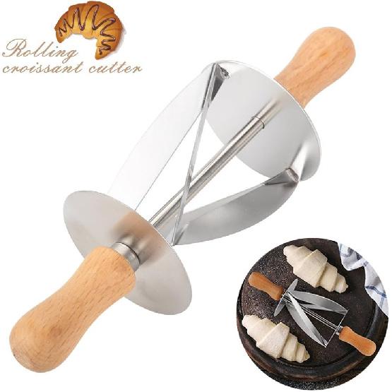 Roller Stainless Steel Croissant Maker Croissant Cutter Long Wooden Handle Multi function Rolling Cuts Triangles Roller Cake Bread Rolling Dough