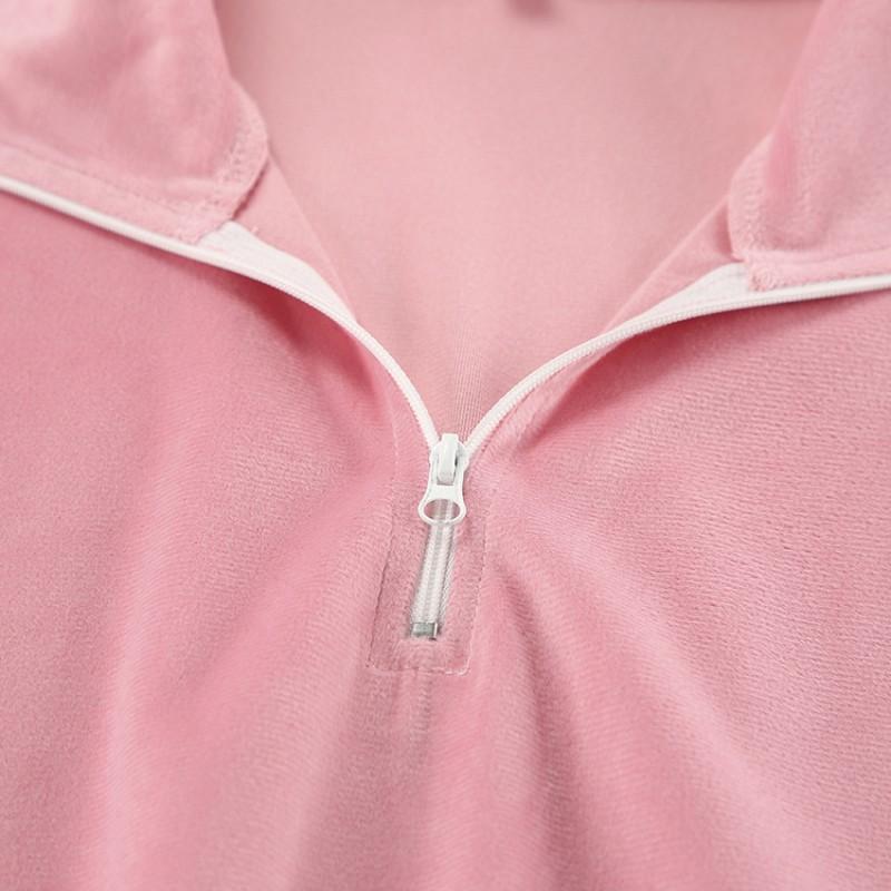 Womens Fall Winter Street Style 2-Piece Tracksuit Set Pink Polo Neck Top Velvet Pants