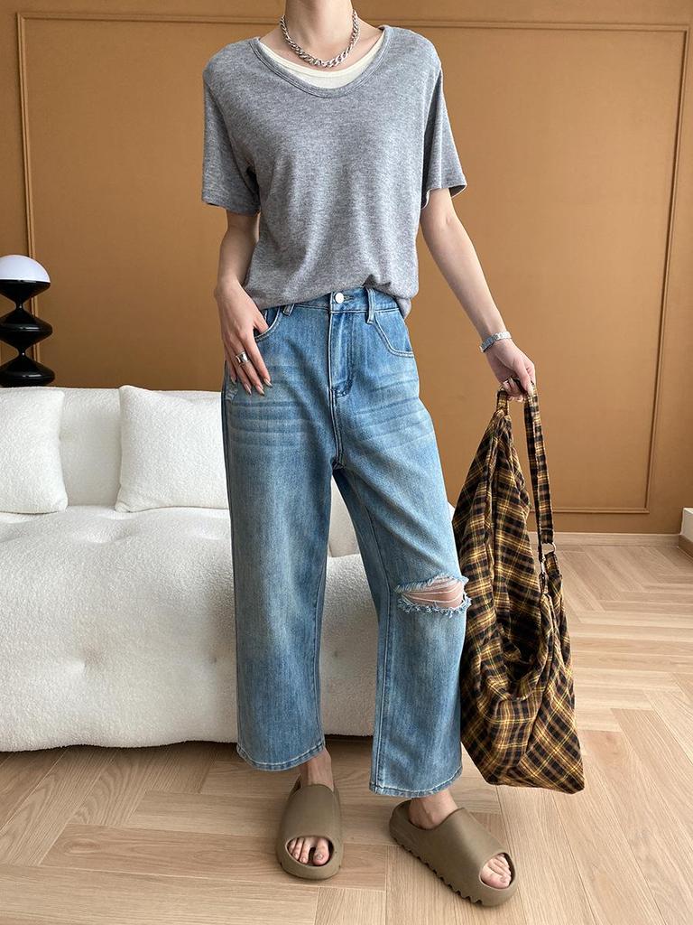 Sinan Casual Blogger Style Round Neck Two-Piece Knit T-Shirt (Short-Sleeved) - SN5531