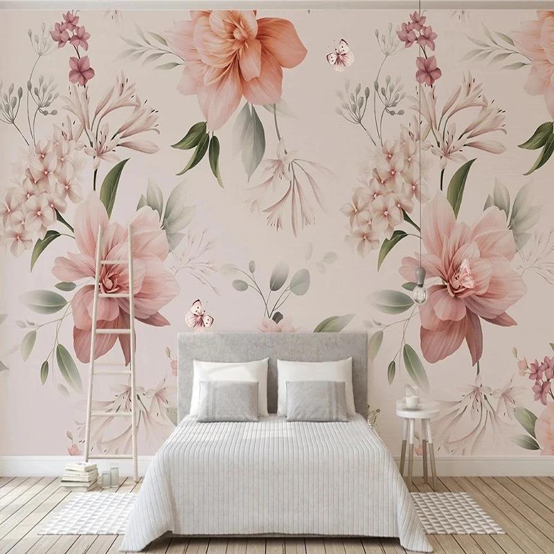 Tapeta Moderní Malé Svěží růžové květy Nástěnná malba Kreslený Dětská Dívčí ložnice Pozadí Obývací pokoj Moderní výzdoba 3D freska