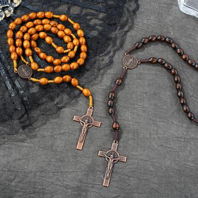 Handcrafted Vintage Minimalist Oval Wooden Prayer Bead Necklace with a Beautiful Cross Pendant, Perfect for Religious Devotion, Holiday Gifting