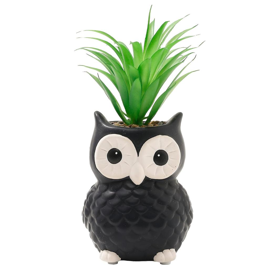 Artificial Plants With Pot, Owl Shaped, Green Pineapple Leaves, Black - 21 Cm