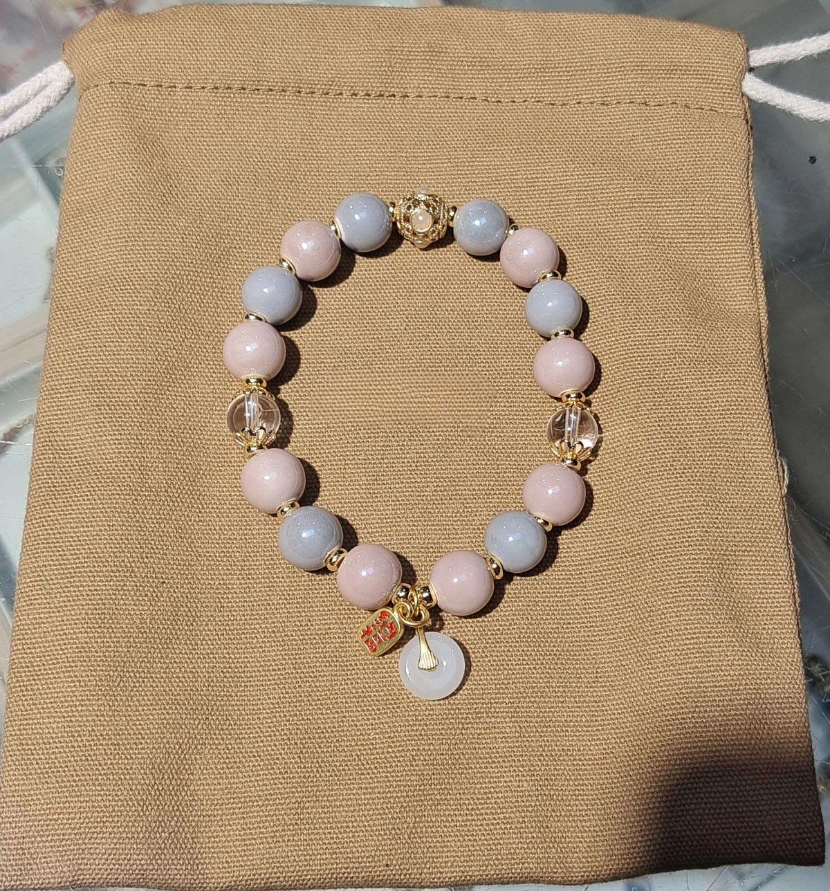 Scenic Ash Ceramic Bead and Glass Lucky Gold Foil Mantra Bracelet